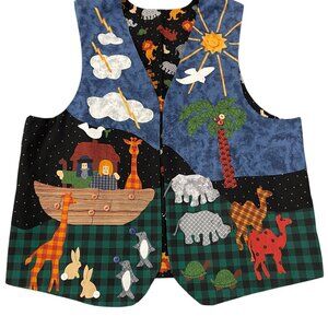 Vintage Noah's Ark Patchwork Vest Grandmacore Cottagecore Folk Art Teacher M/L